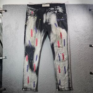 Spark Jeans Men 40‎ x32 Paint Splatter Straight Stretch Gray Black